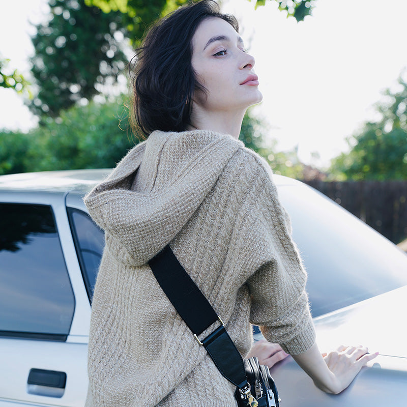 Women's Hooded Pullover Loose Fit Knitted Top Long Sleeve Sweater