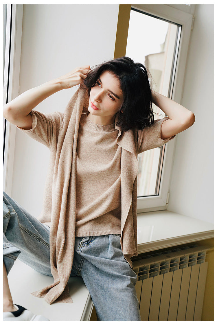 Merino Wool Autumn Women's New Loose Pullover Knitted Top Early Autumn Knitted Sweater Women's Short Sleeve with Scarf