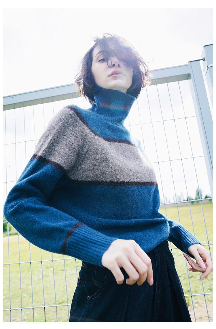 High neck women's sweater, inner outfit, color blocked wool sweater, women's sweater, women's western-style base coat, women's autumn and winter