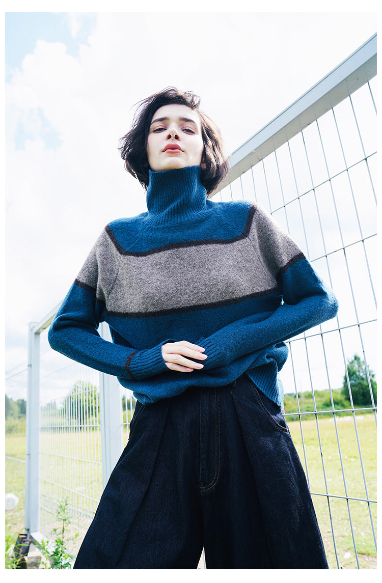 High neck women's sweater, inner outfit, color blocked wool sweater, women's sweater, women's western-style base coat, women's autumn and winter