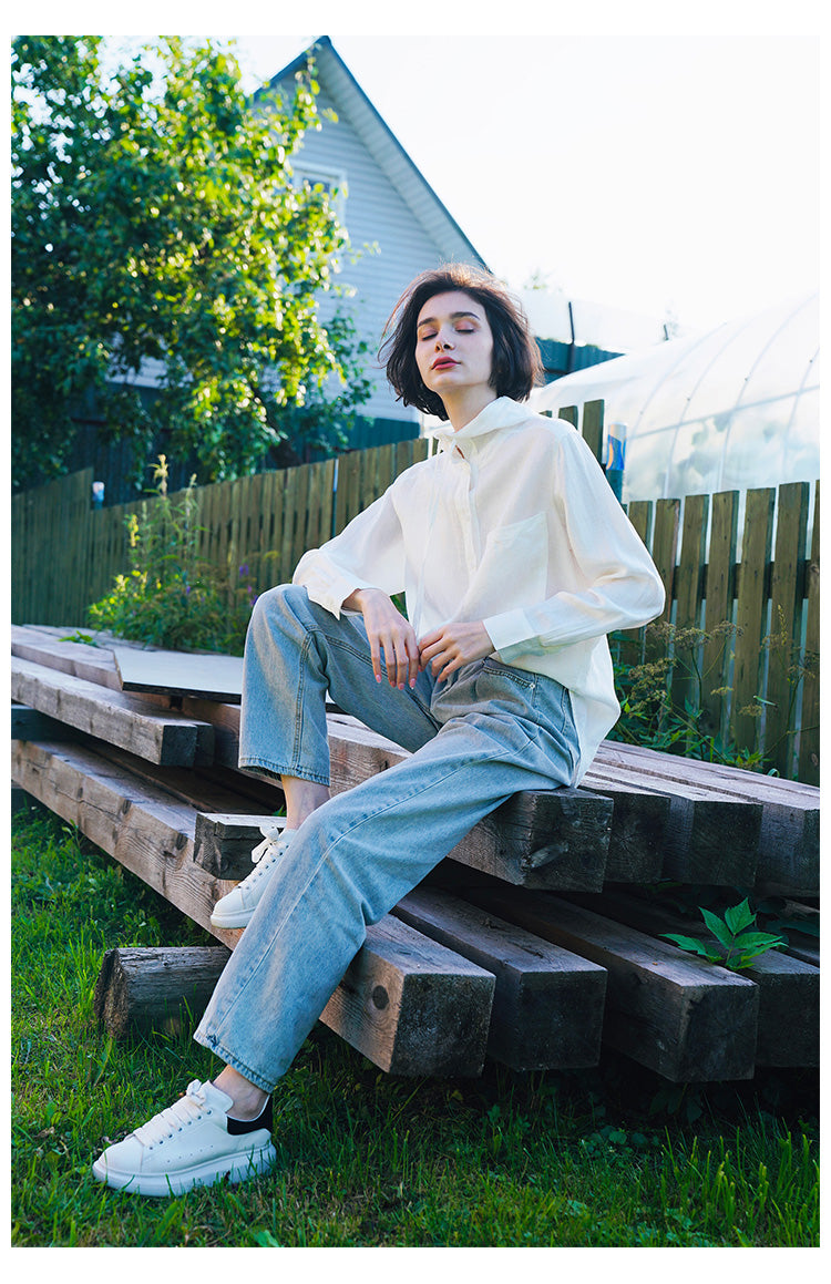 Tencel Linen Hooded Shirt for Women, Unique Design, White Loose-Fit Stylish Shirt for Women, New Autumn Long Sleeve