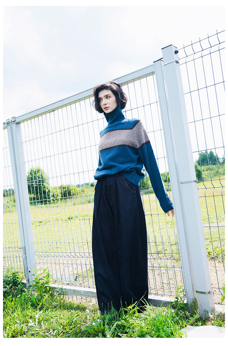 High neck women's sweater, inner outfit, color blocked wool sweater, women's sweater, women's western-style base coat, women's autumn and winter