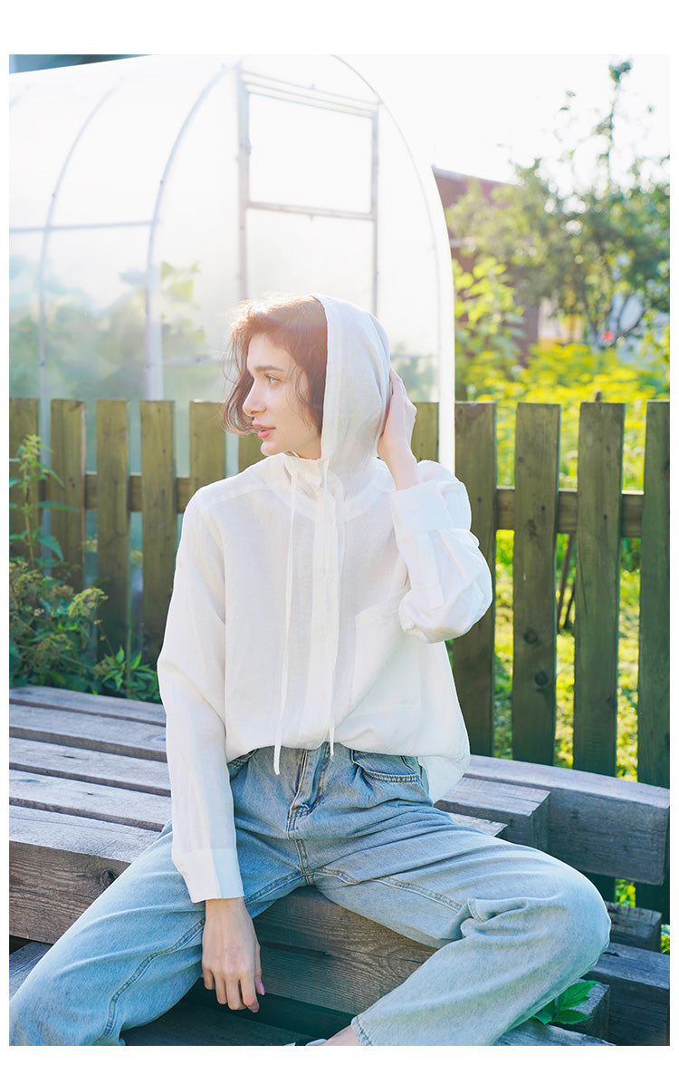 Tencel Linen Hooded Shirt for Women, Unique Design, White Loose-Fit Stylish Shirt for Women, New Autumn Long Sleeve