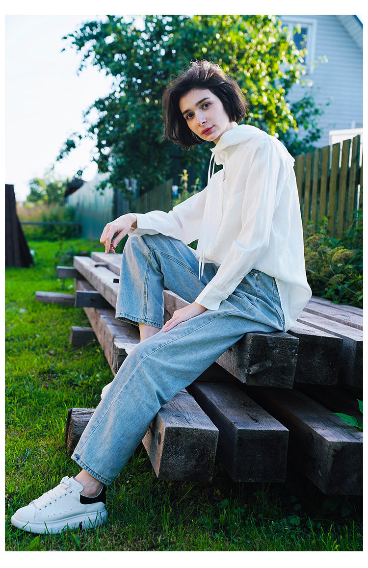 Tencel Linen Hooded Shirt for Women, Unique Design, White Loose-Fit Stylish Shirt for Women, New Autumn Long Sleeve