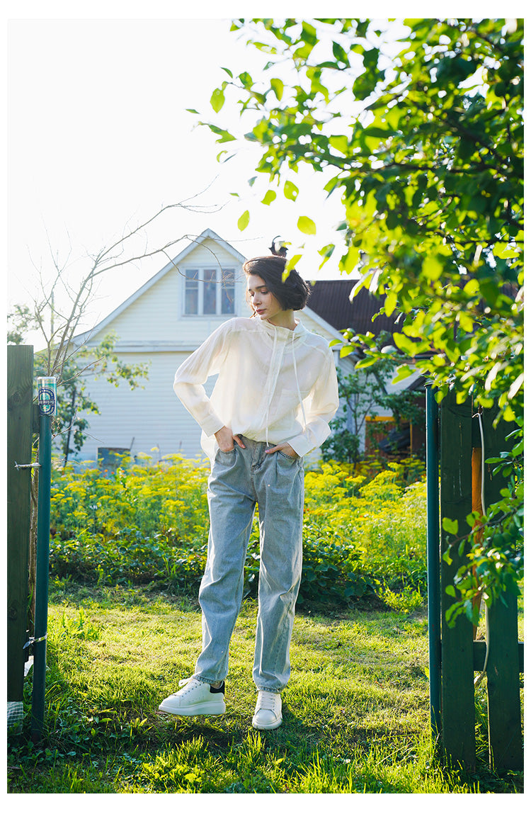 Tencel Linen Hooded Shirt for Women, Unique Design, White Loose-Fit Stylish Shirt for Women, New Autumn Long Sleeve