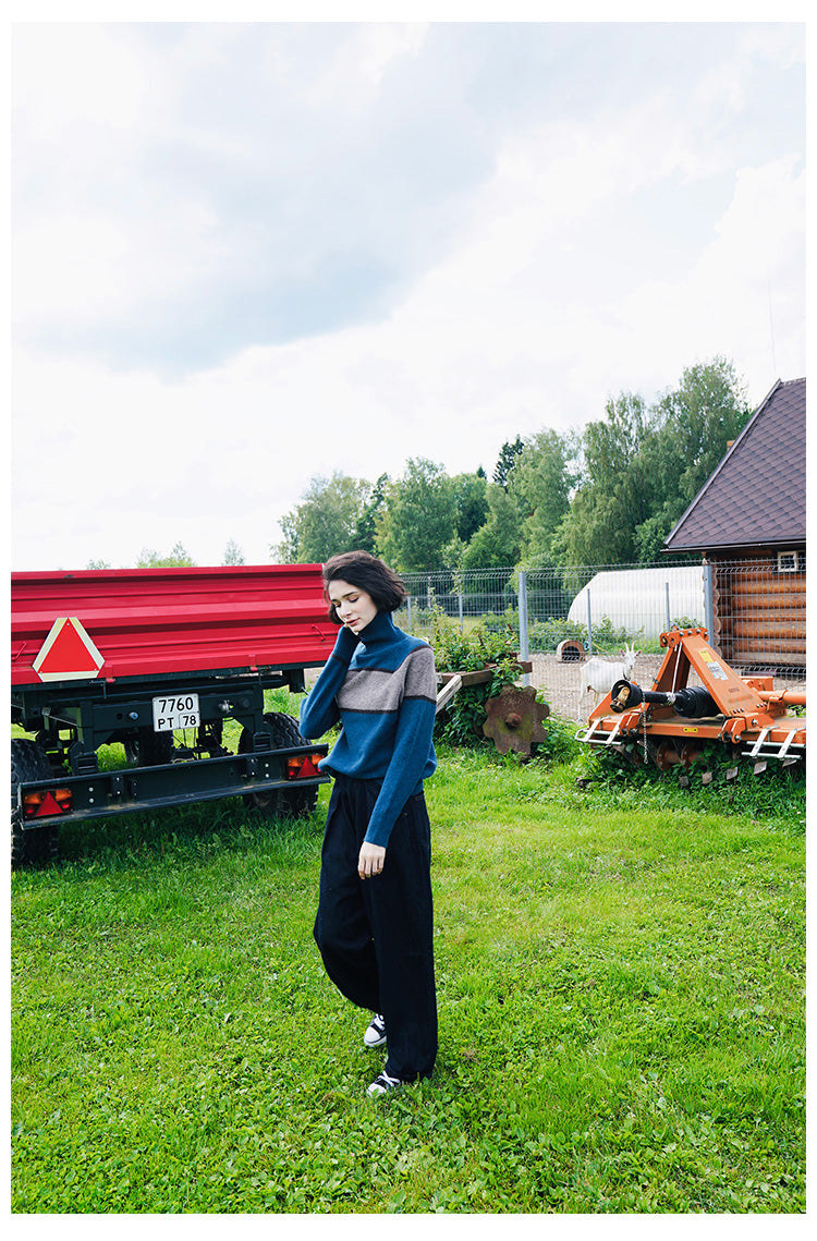 High neck women's sweater, inner outfit, color blocked wool sweater, women's sweater, women's western-style base coat, women's autumn and winter