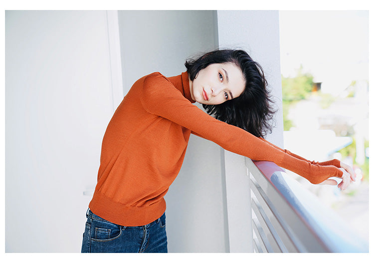 Wool Seamless High Neck Knitted Sweater for Women Slim Fit Pullover Base Layer