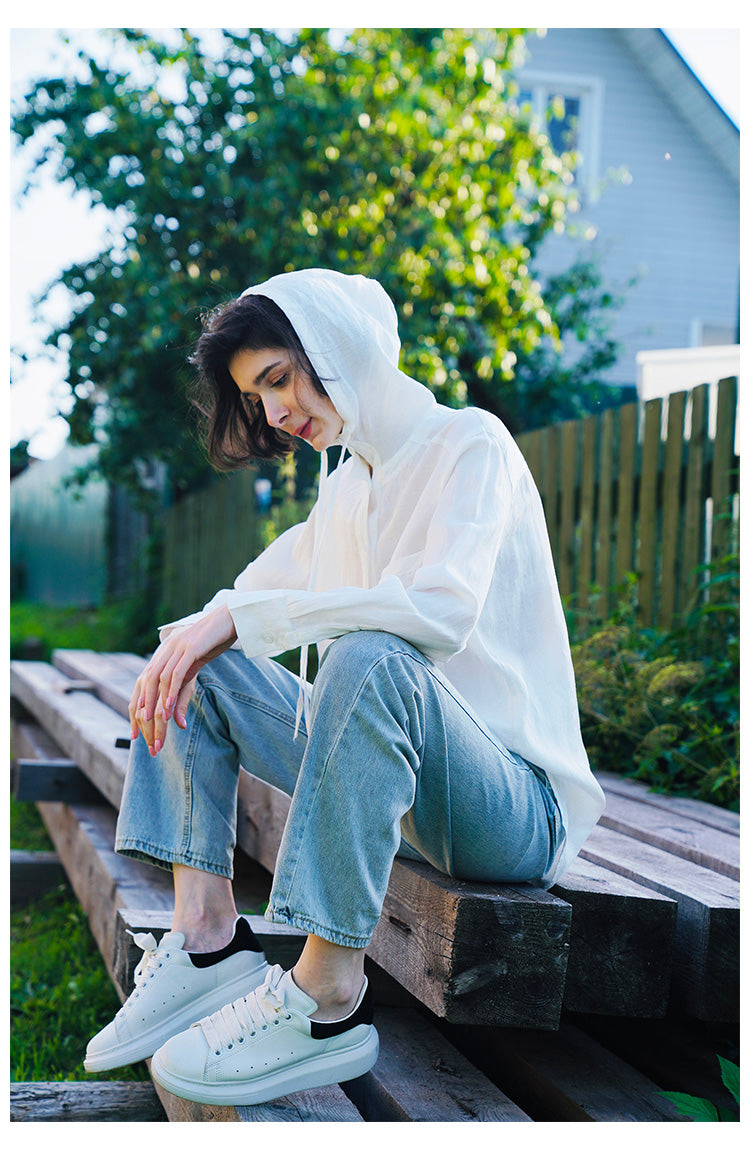 Tencel Linen Hooded Shirt for Women, Unique Design, White Loose-Fit Stylish Shirt for Women, New Autumn Long Sleeve