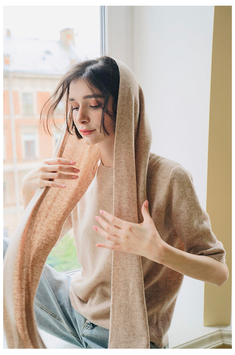 Merino Wool Autumn Women's New Loose Pullover Knitted Top Early Autumn Knitted Sweater Women's Short Sleeve with Scarf