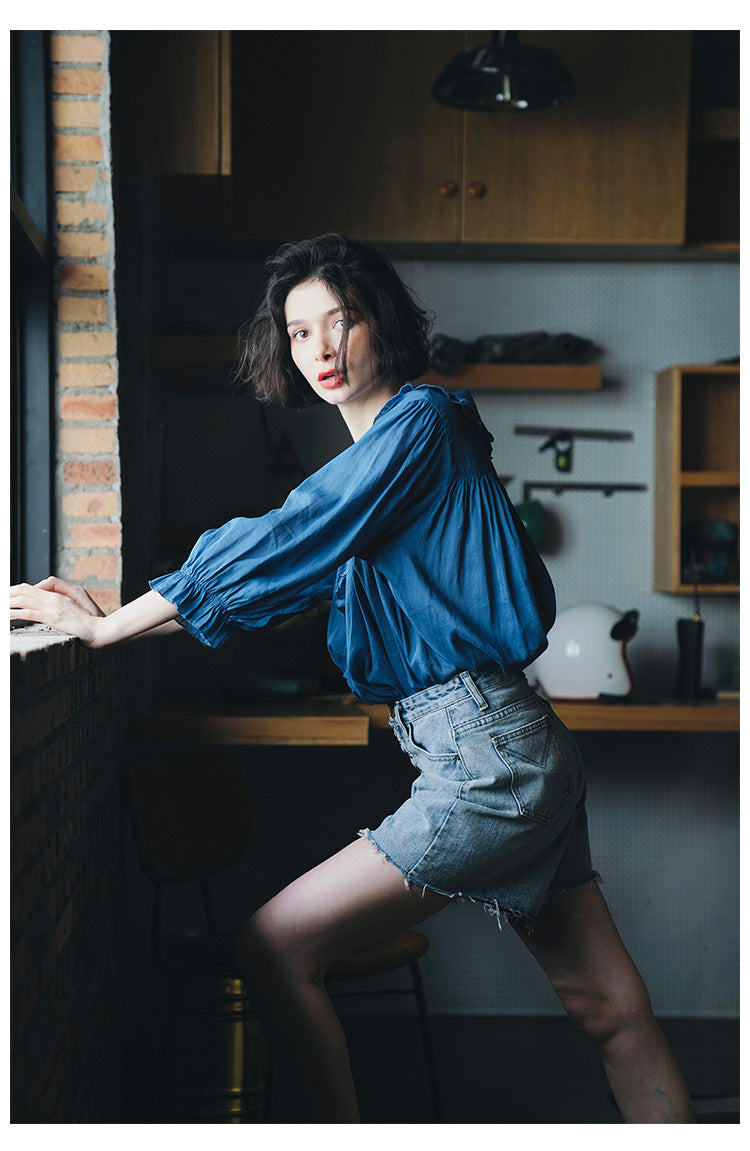 Ruffled Pleated Linen Top with Unique Design for Women, Doll Shirt, Sun Protection Shirt for Women Summer Style with a Western Touch