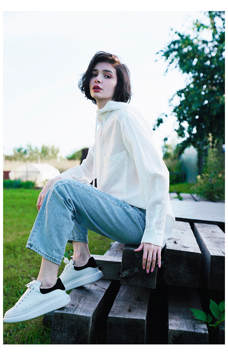 Tencel Linen Hooded Shirt for Women, Unique Design, White Loose-Fit Stylish Shirt for Women, New Autumn Long Sleeve