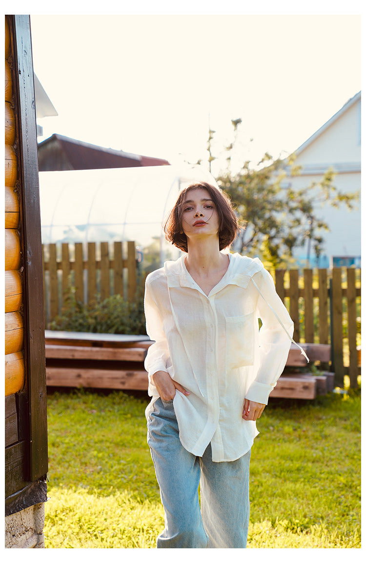 Tencel Linen Hooded Shirt for Women, Unique Design, White Loose-Fit Stylish Shirt for Women, New Autumn Long Sleeve