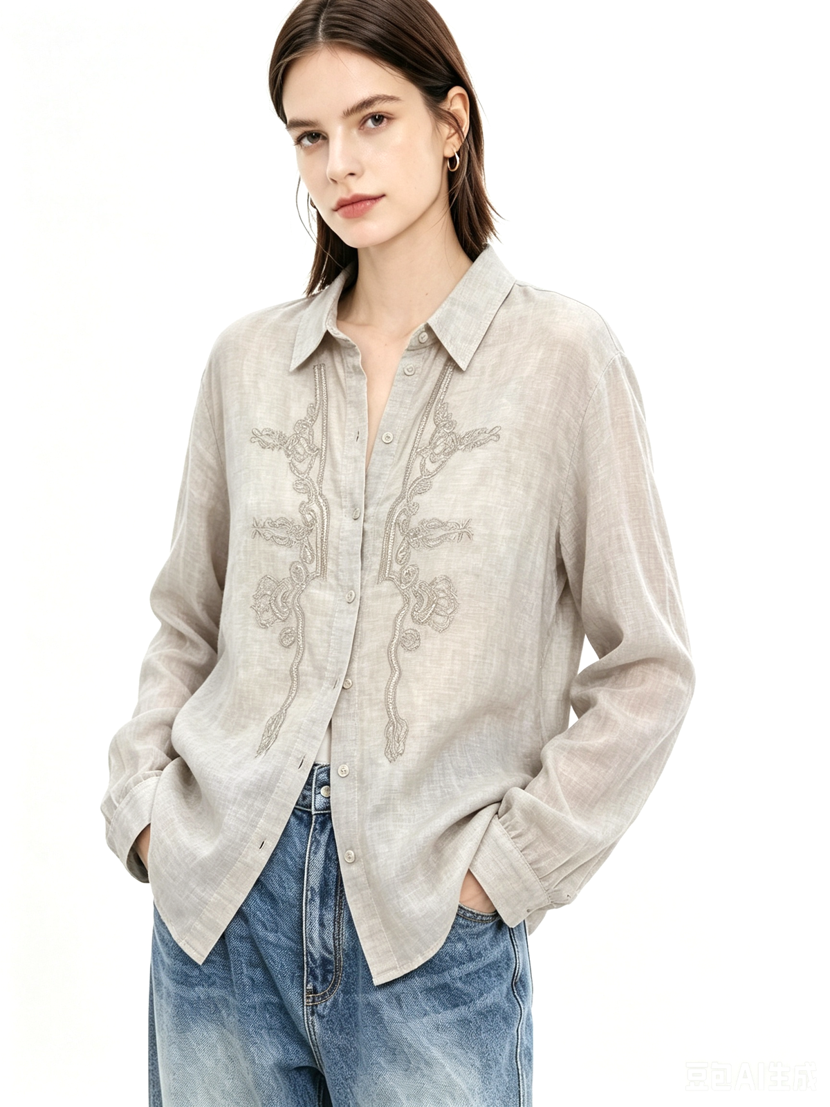 Oversized linen blouse with floral embroidery and bead details