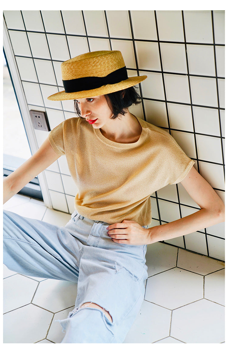 Gold Thread Blend Draped Knit Short Sleeve Women's Elastic Waist Top Summer New Solid Color t Women's Thin T-Shirt