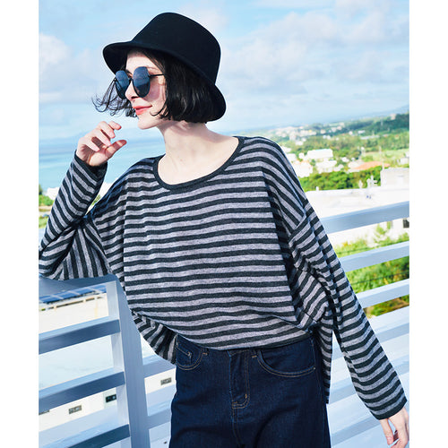 Casual Classic Striped Loose Knitted Top Women's Long Sleeve Knitted Shirt