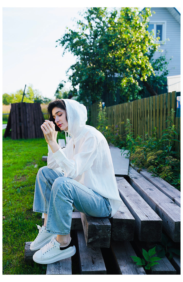 Tencel Linen Hooded Shirt for Women, Unique Design, White Loose-Fit Stylish Shirt for Women, New Autumn Long Sleeve
