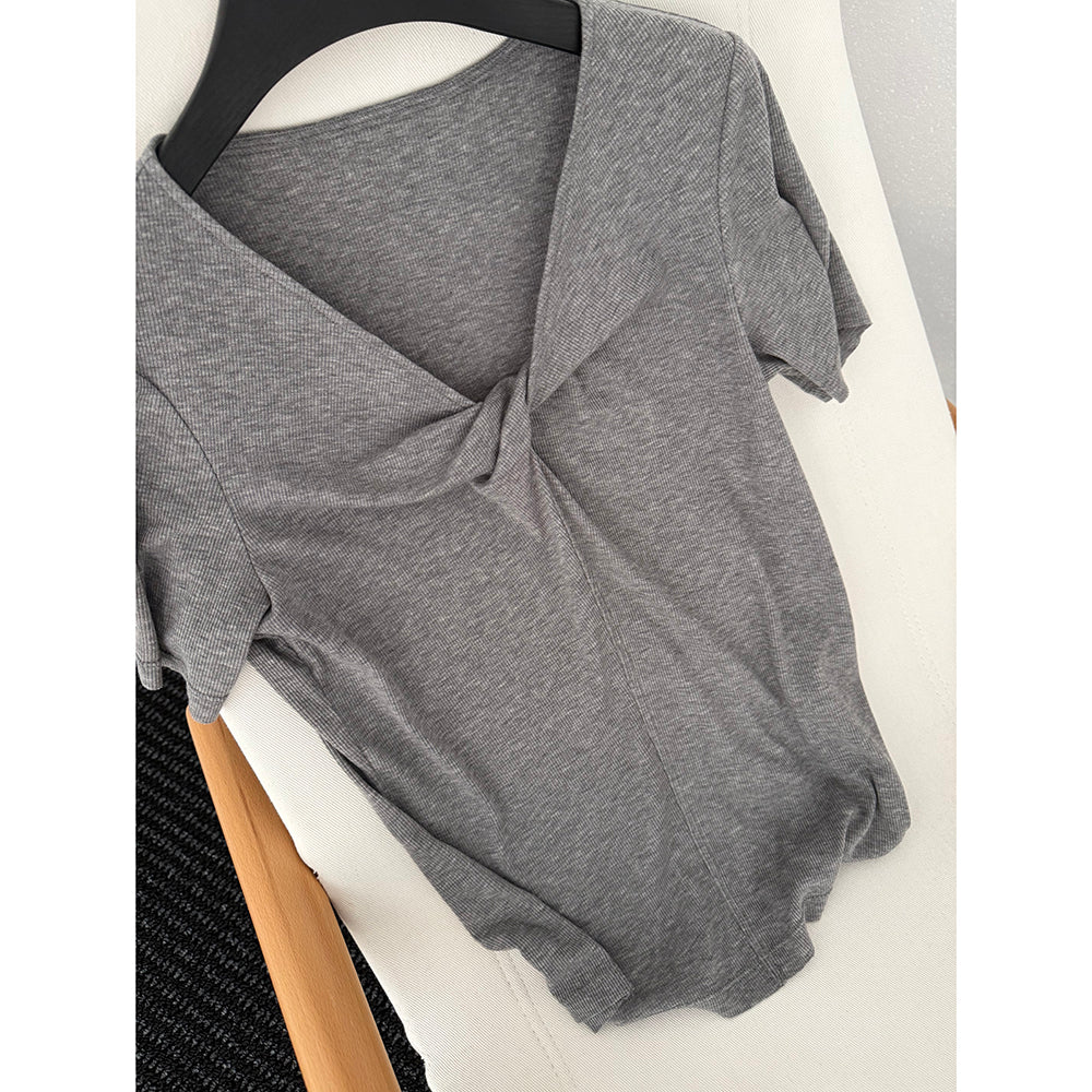 Damen T-Shirt mit Twist V-Ausschnitt, Stretch Slim Fit Sommer Top