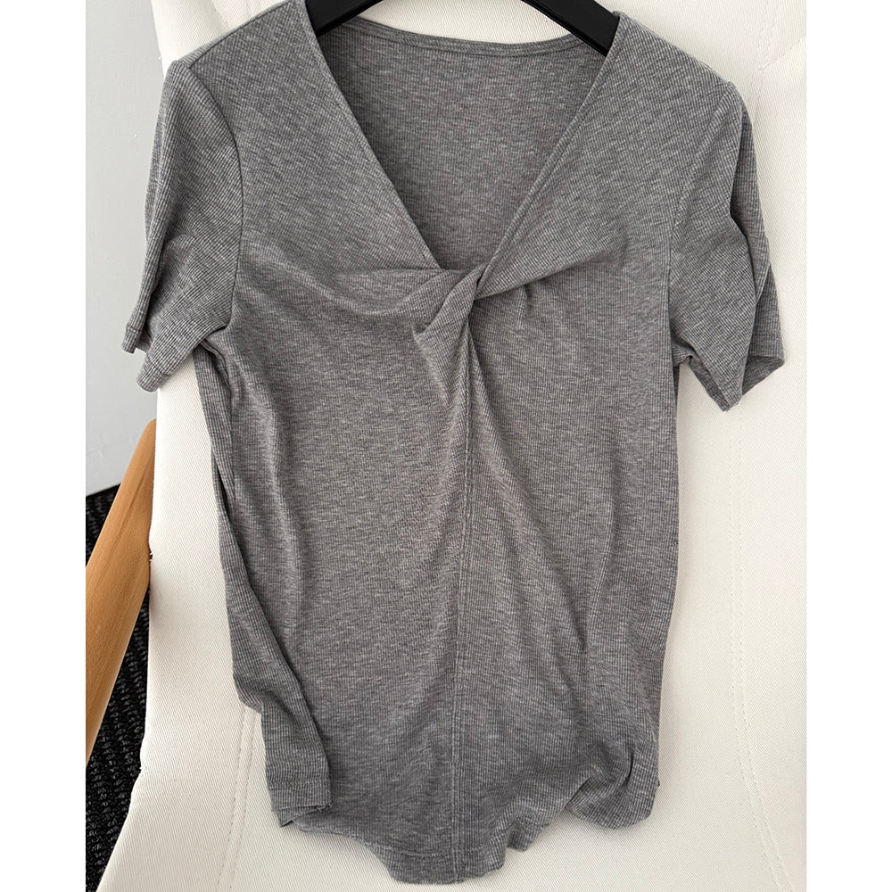 Damen T-Shirt mit Twist V-Ausschnitt, Stretch Slim Fit Sommer Top