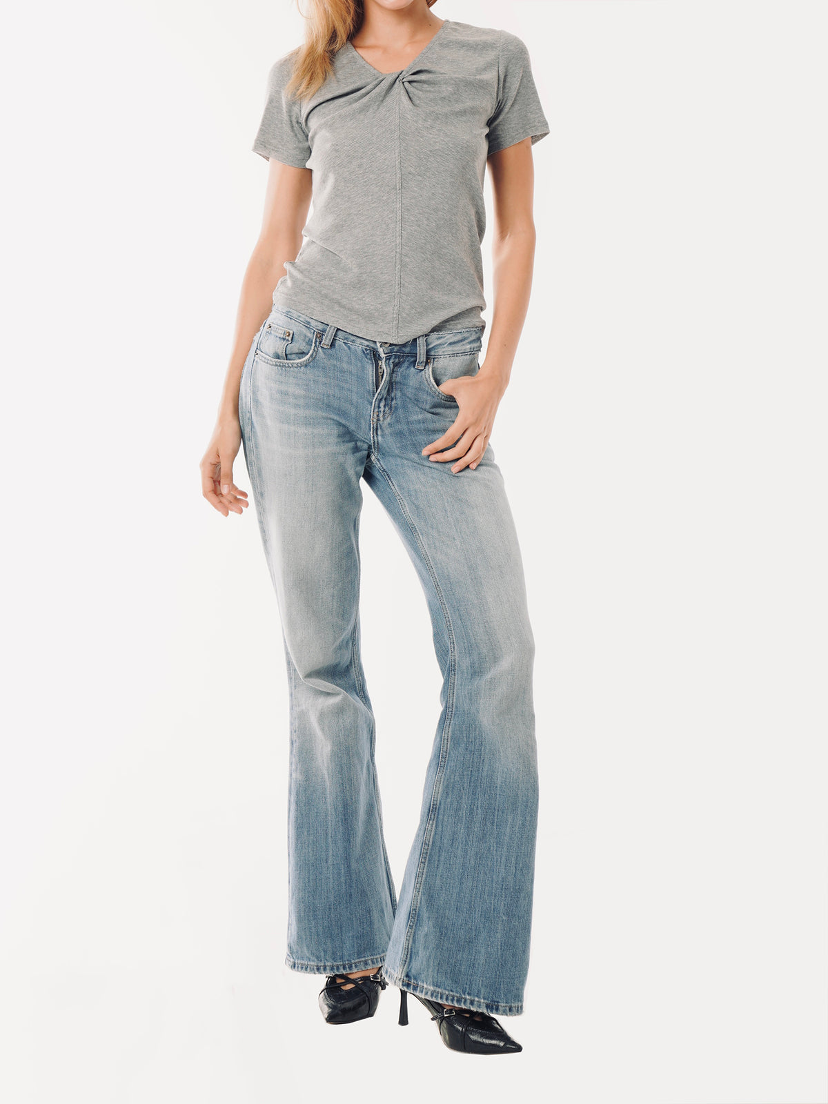 Damen T-Shirt mit Twist V-Ausschnitt, Stretch Slim Fit Sommer Top