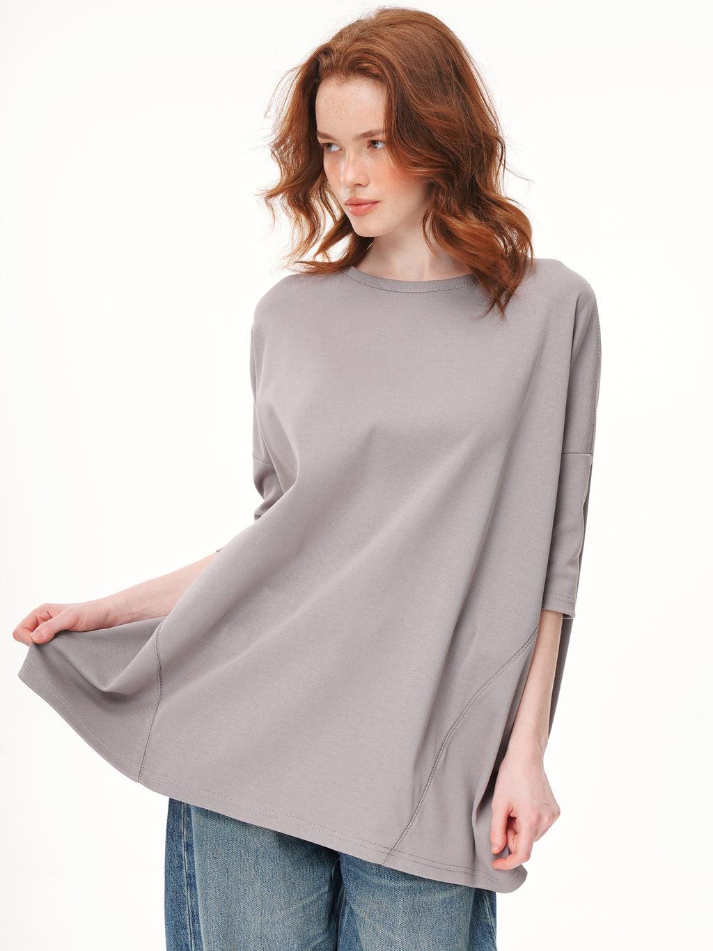 2 Colors Oversized Half Sleeve Longline Crew Neck Tunic Top