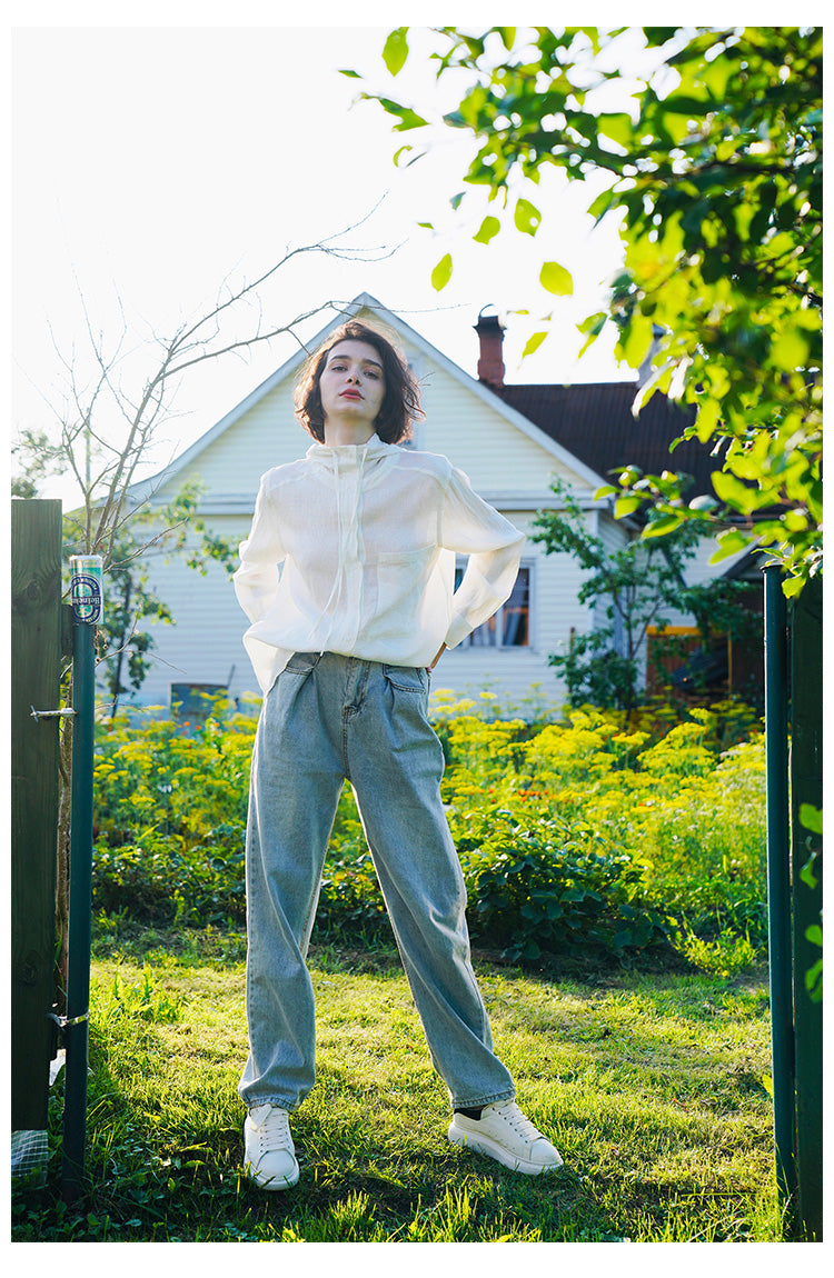 Tencel Linen Hooded Shirt for Women, Unique Design, White Loose-Fit Stylish Shirt for Women, New Autumn Long Sleeve