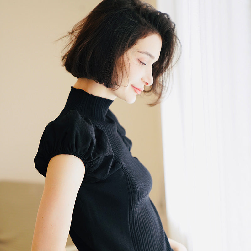 Half Turtleneck Knitted Autumn Top for Women Versatile Stylish Puff Sleeve Early Autumn Knitwear Short Sleeve Pullover Blouse