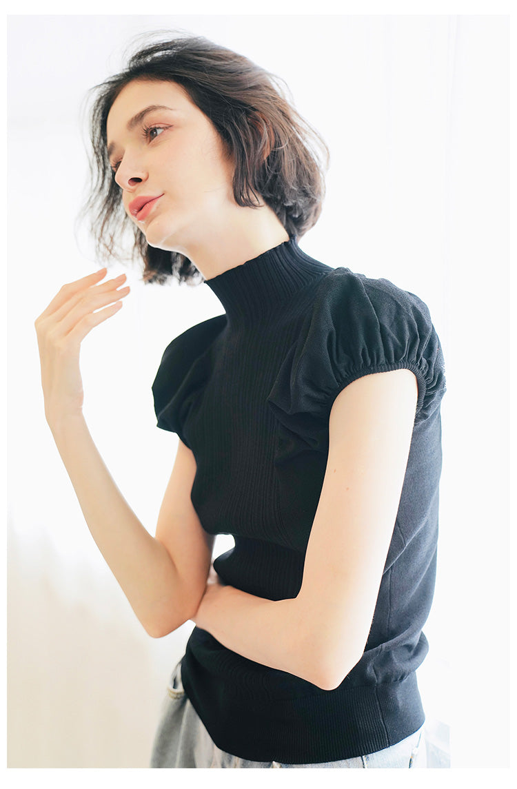 Half Turtleneck Knitted Autumn Top for Women Versatile Stylish Puff Sleeve Early Autumn Knitwear Short Sleeve Pullover Blouse