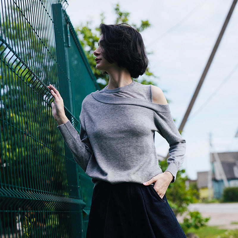Fake Two-Piece Loose Pullover Knit Sweater Autumn New Women's Round Neck Off-Shoulder Top Early Autumn Knit Pullover Thin
