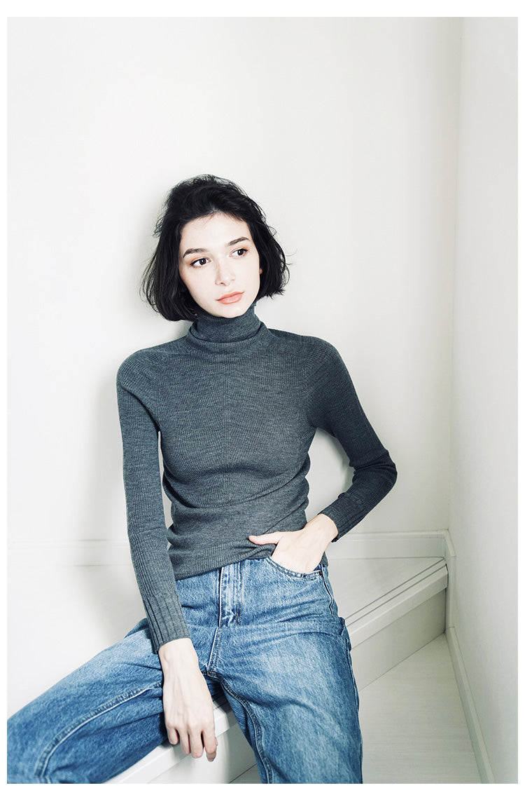 Wool Long Sleeve Thin Knitted Pullover Women's High Neck Slim Fit Base Shirt Inner Wear
