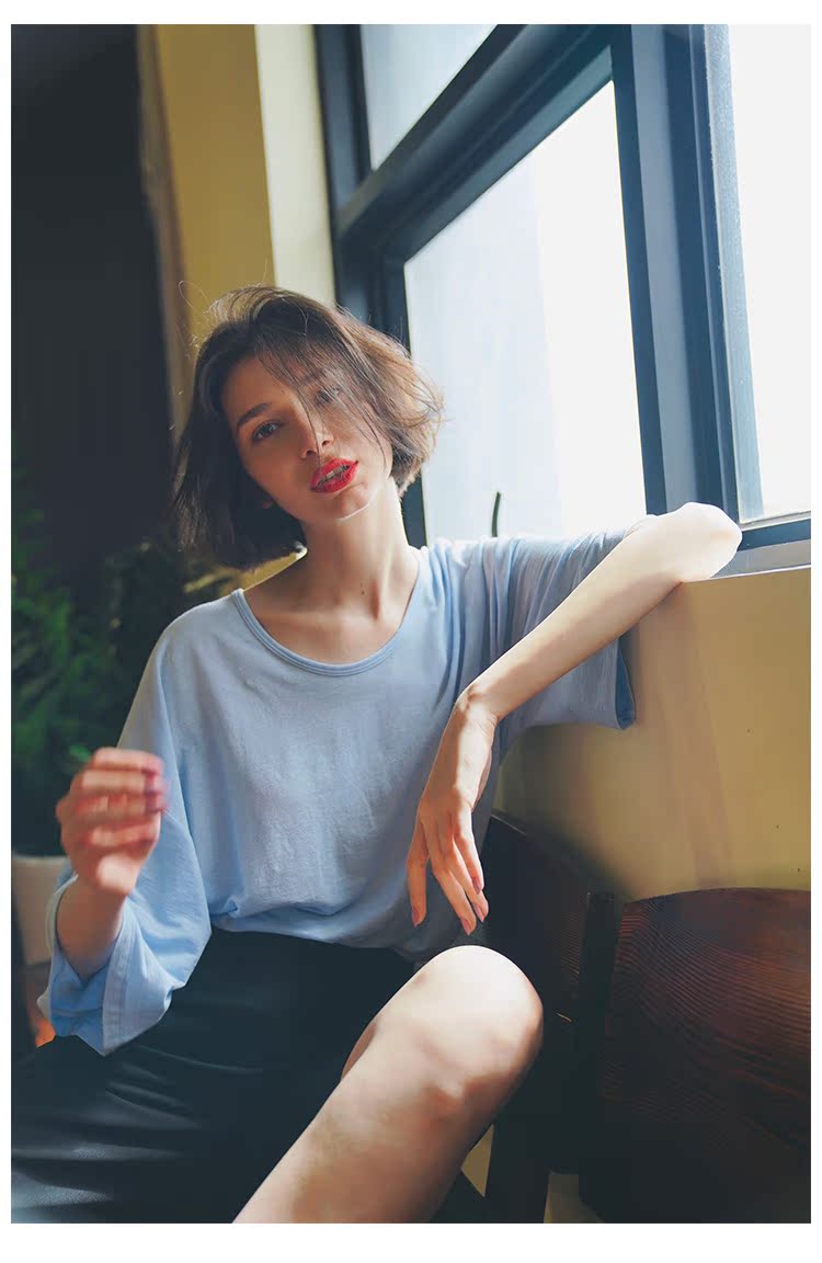 Women's Summer Loose Blue Mid-Length Top  Women's Short Sleeve T-Shirt