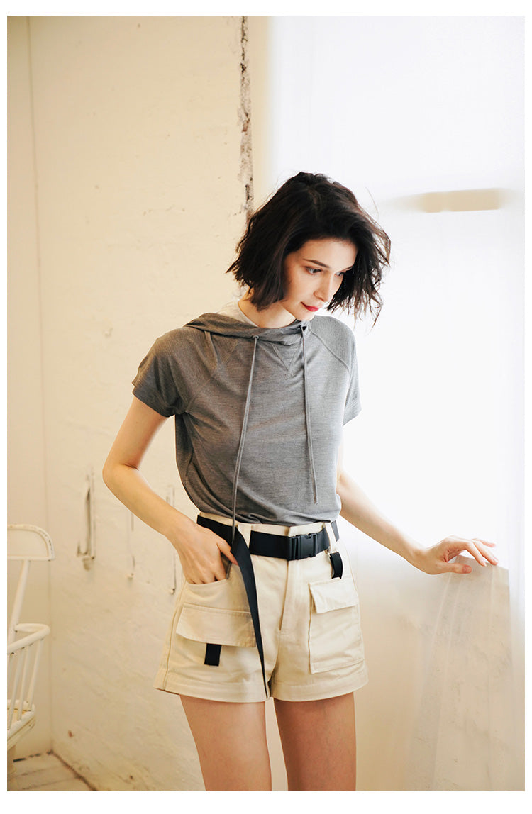 Vintage Style Short-sleeve for Women Skin-friendly trendy short-sleeve hooded shirt  Short Sleeve Women Style Trend  T-shirt