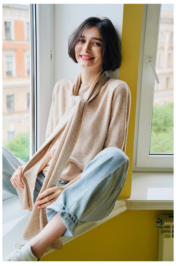 Merino Wool Autumn Women's New Loose Pullover Knitted Top Early Autumn Knitted Sweater Women's Short Sleeve with Scarf