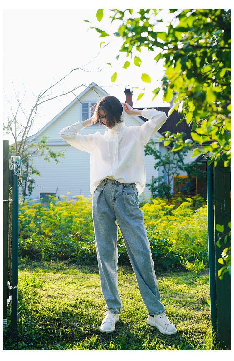 Tencel Linen Hooded Shirt for Women, Unique Design, White Loose-Fit Stylish Shirt for Women, New Autumn Long Sleeve