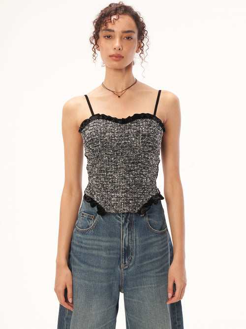 Beige Floral Rhinestone Sleeveless Tank Top