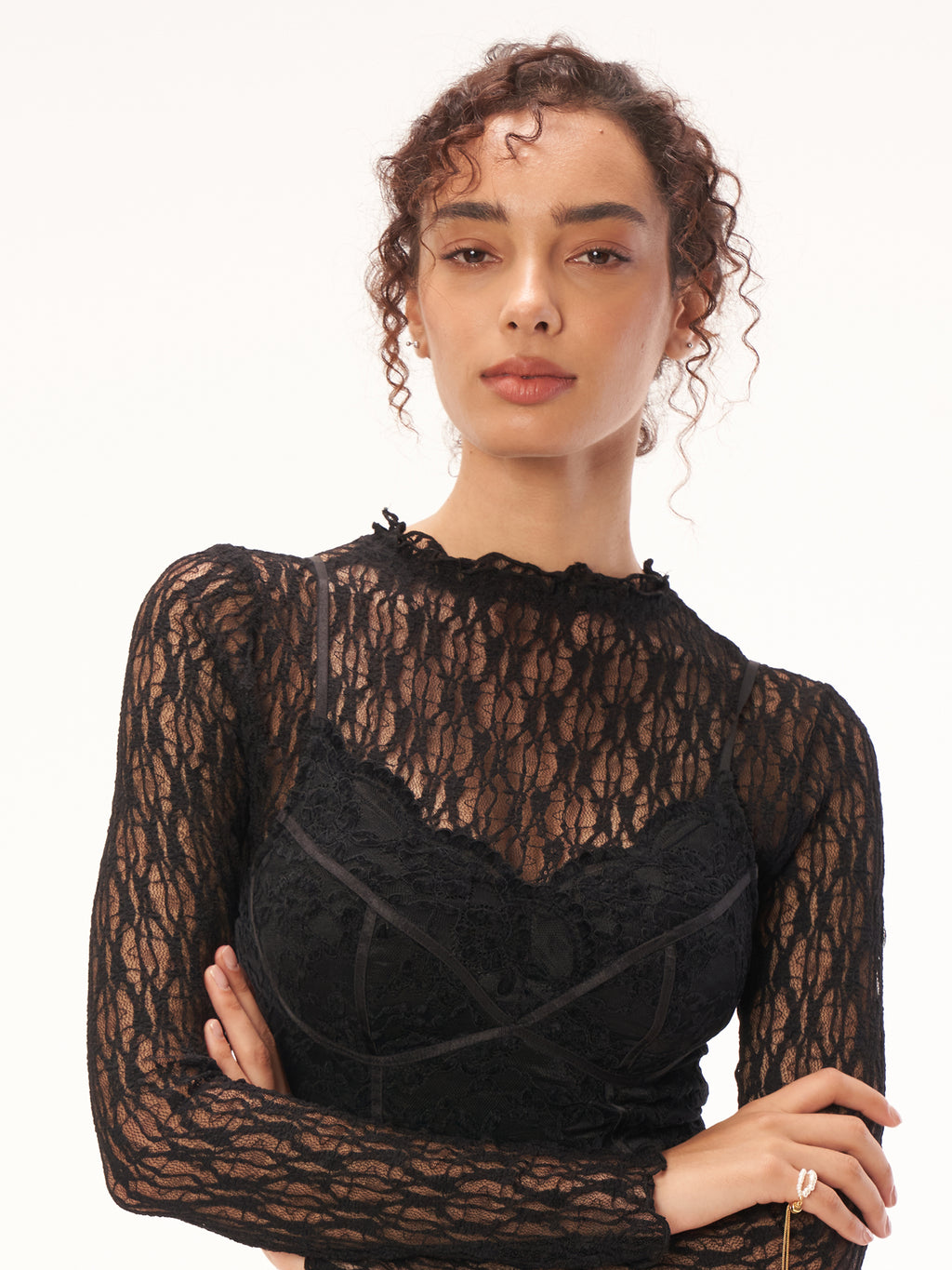 Vintage Rose Lace Sheer Long Sleeve Top - Black