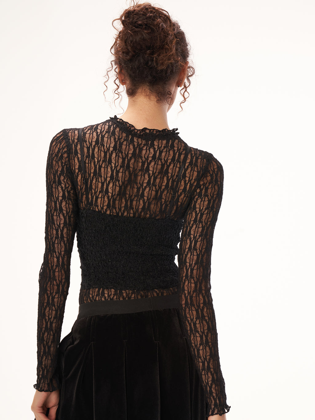 Vintage Rose Lace Sheer Long Sleeve Top - Black