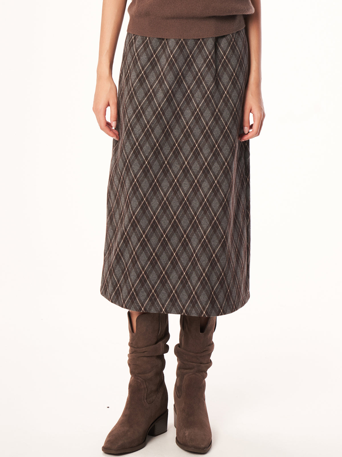 Damen Midi Rock mit Diamant-Schrägkaromuster, Elastischer Taillenbund, Gerader Schnitt, Lässiger Alltagsrock