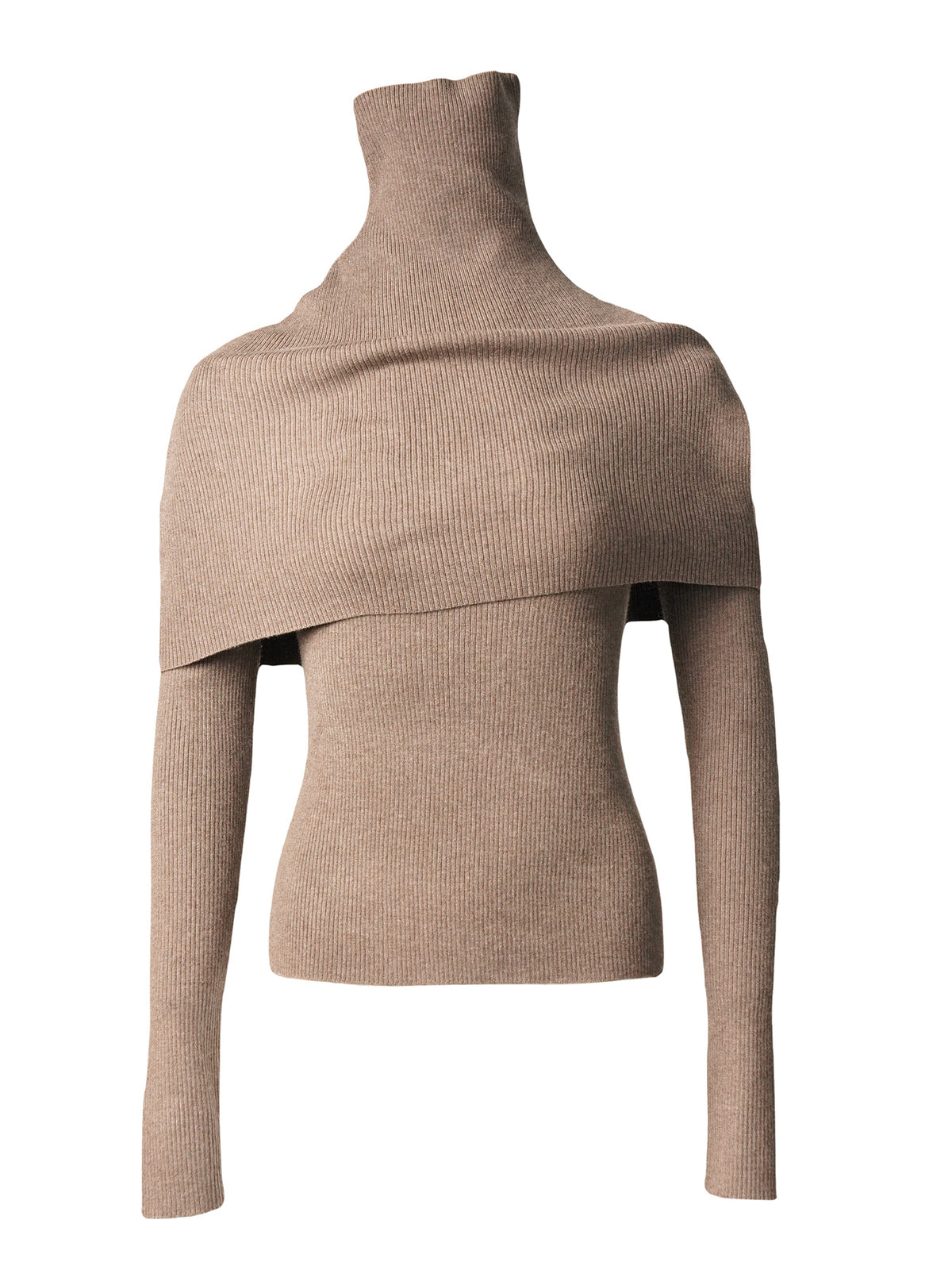 Damen Schal-Kragen Stricktop, langarm, gerippter Woll-Mix Basic Shirt, elegant Schulterabdeckung