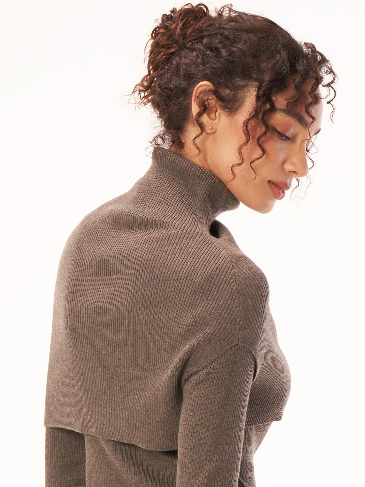 Damen Schal-Kragen Stricktop, langarm, gerippter Woll-Mix Basic Shirt, elegant Schulterabdeckung