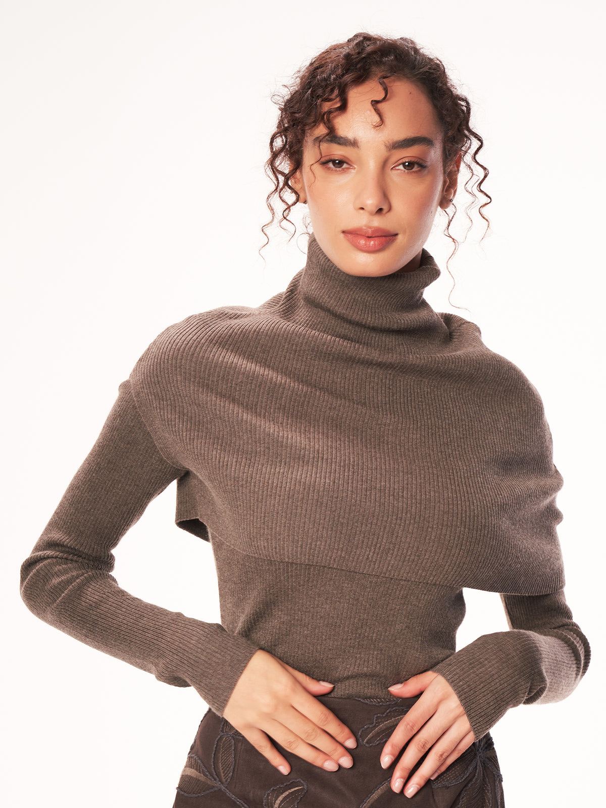 Damen Schal-Kragen Stricktop, langarm, gerippter Woll-Mix Basic Shirt, elegant Schulterabdeckung
