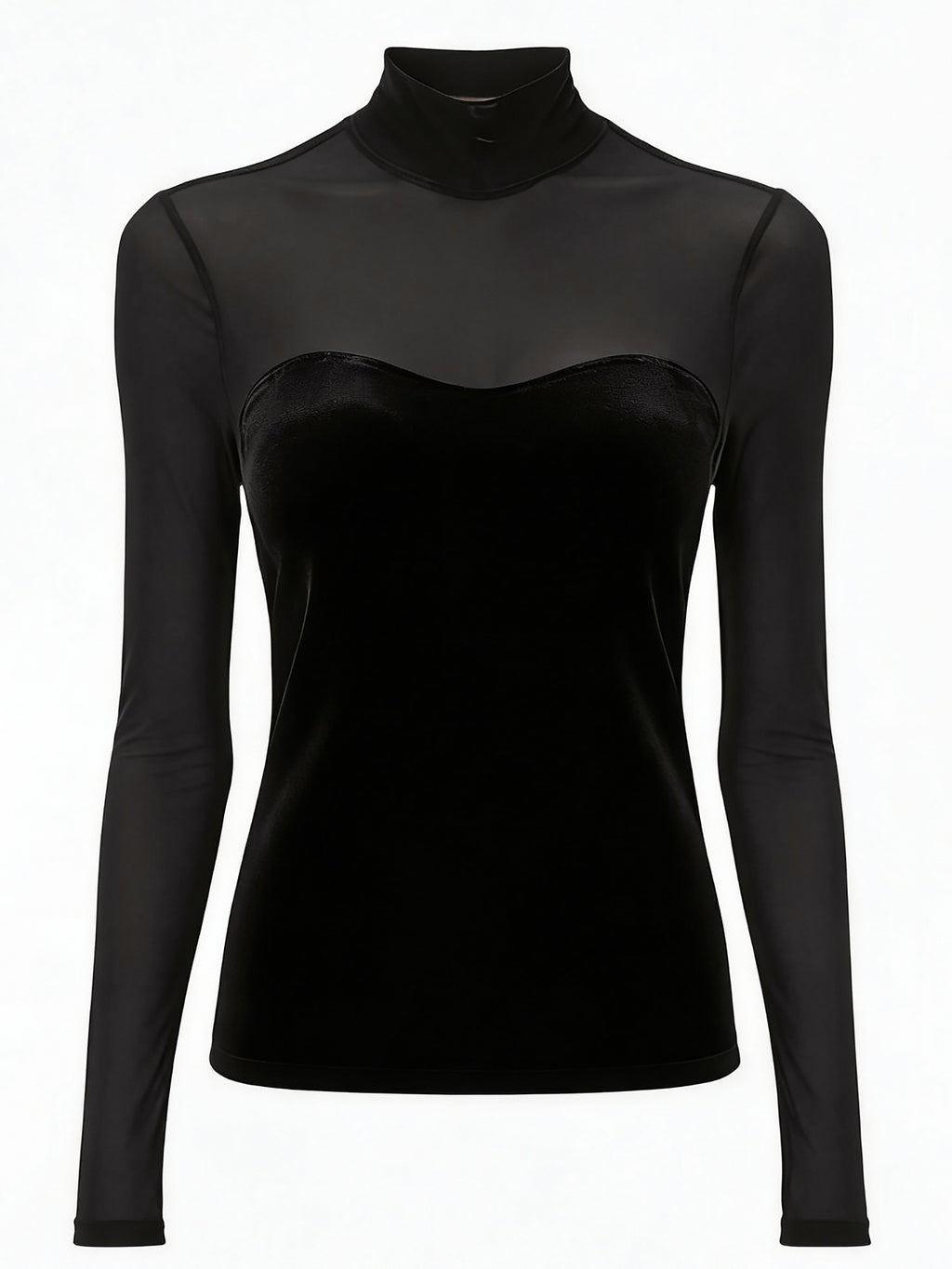 Luxurious High Neck Velvet Long Sleeve Top - Black