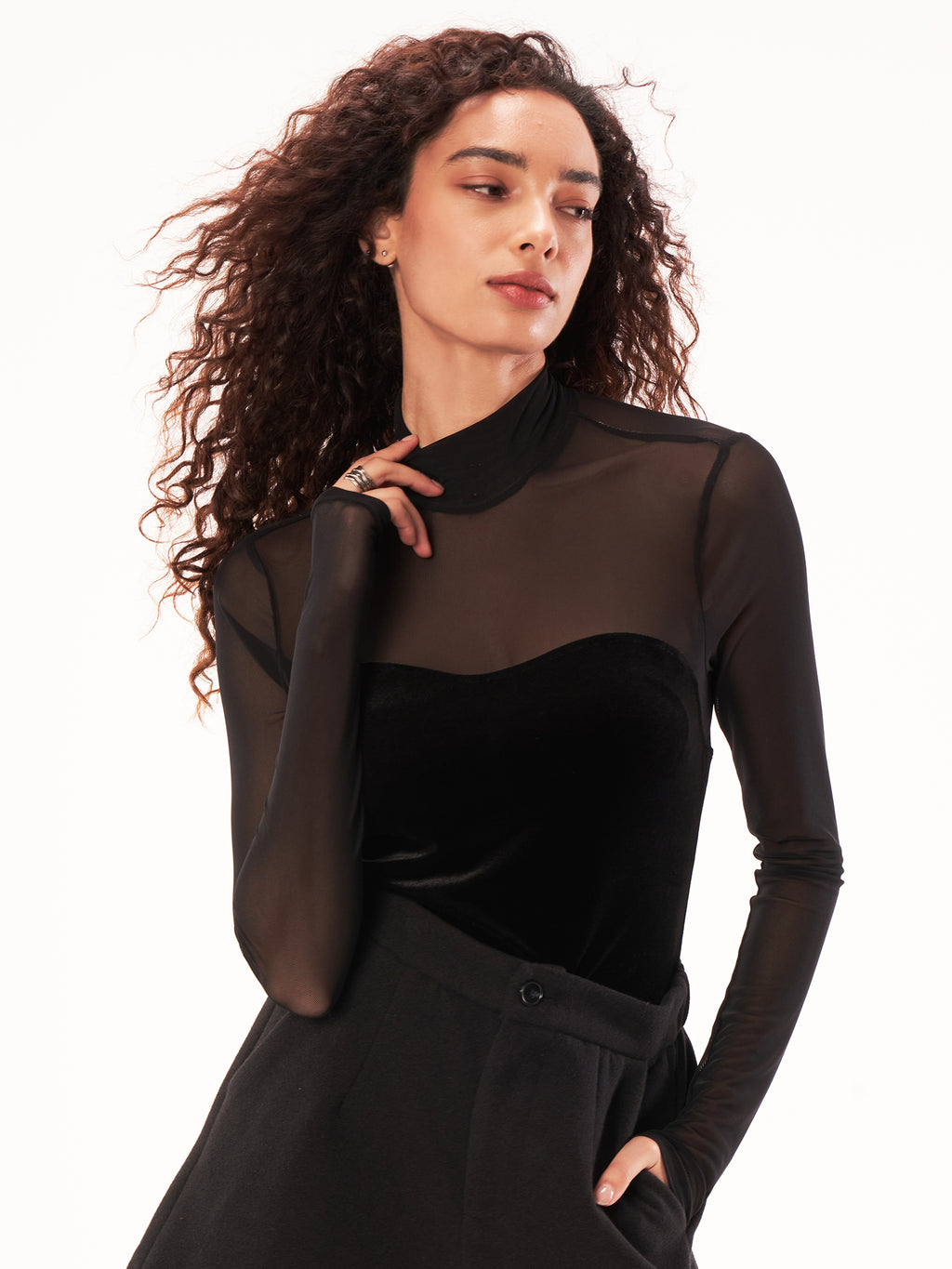 Luxurious High Neck Velvet Long Sleeve Top - Black