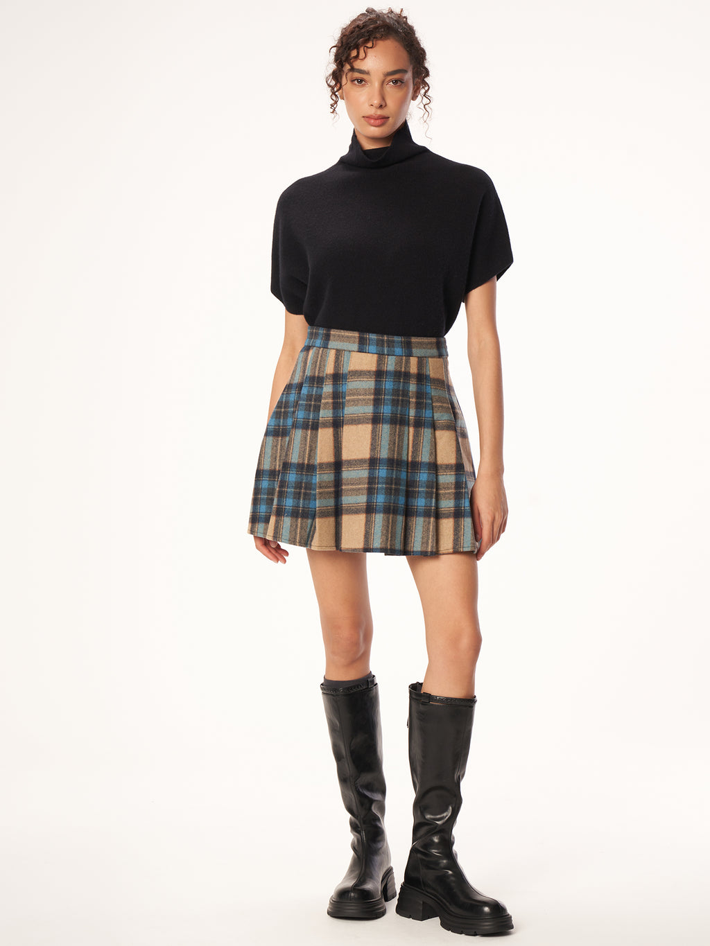 Damen Plaid Faltenrock, hoch tailliert, kurzer Akademiker-Rock im Wool-Mix, Retro Karo Minirock