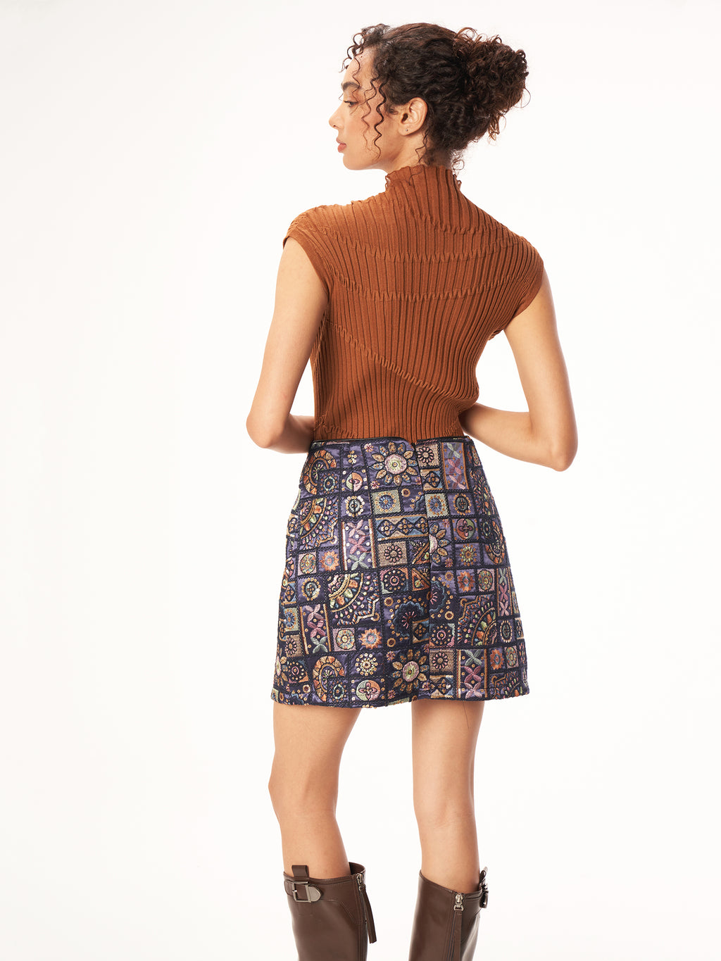 Damen bestickter A-Linien Minirock, hoch tailliert, Retro Ethno Muster Rock, dunkelblau