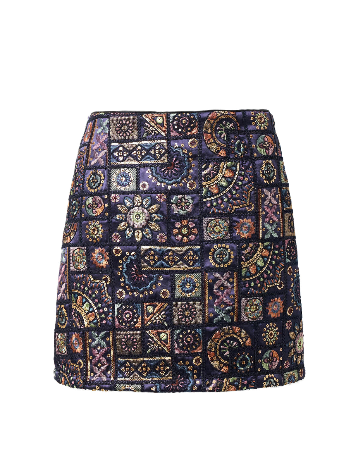 Damen bestickter A-Linien Minirock, hoch tailliert, Retro Ethno Muster Rock, dunkelblau
