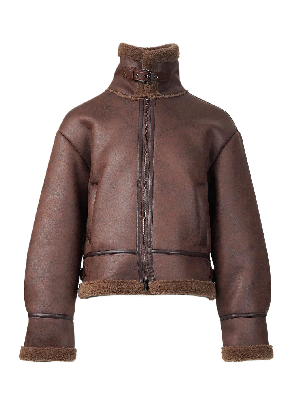 Damen Kunstleder Jacke mit Teddyfutter, kurze Bikerjacke, warmer Wintermantel, Braun