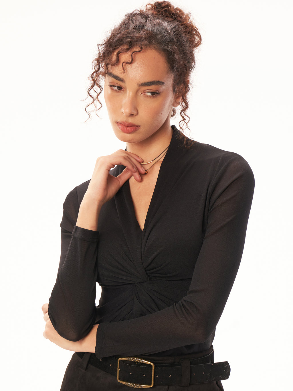 Schwarzes V-Ausschnitt Twist Longsleeve Top mit weißem Kragen, figurbetontes Damen Shirt, Business Casual