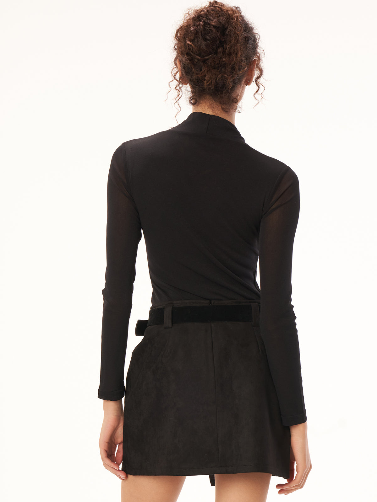 Schwarzes V-Ausschnitt Twist Longsleeve Top mit weißem Kragen, figurbetontes Damen Shirt, Business Casual