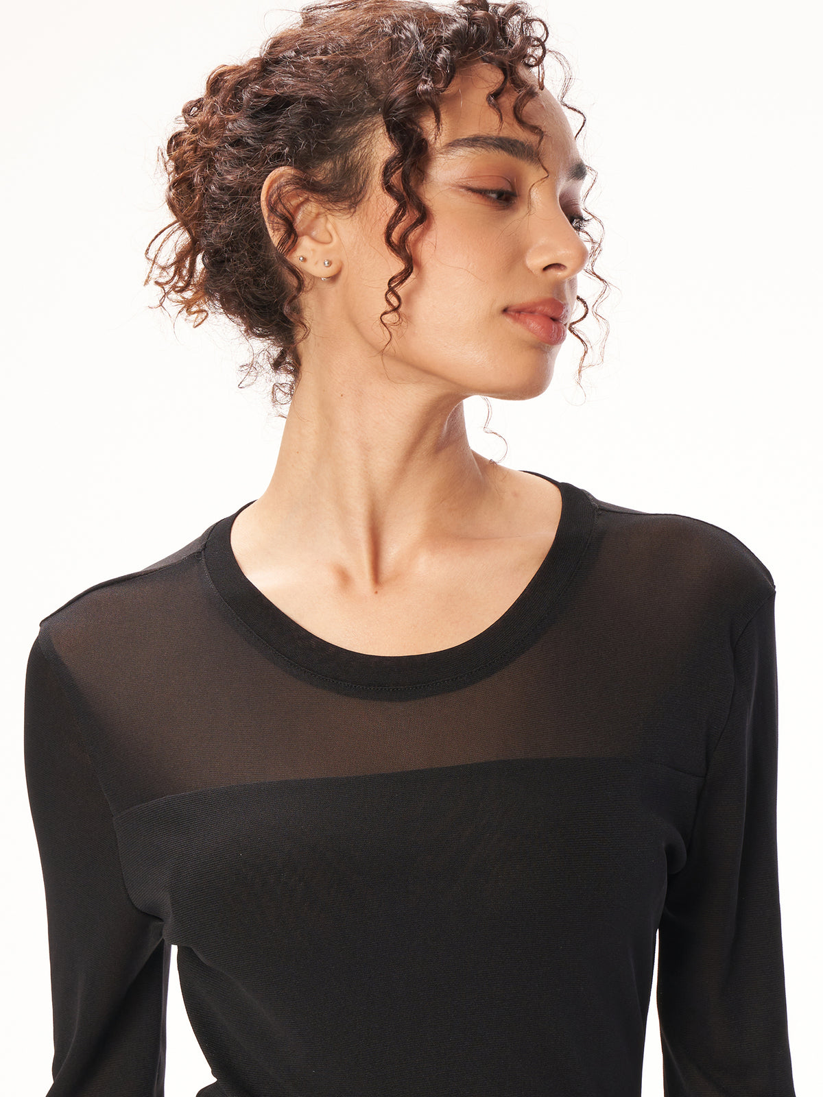 Sheer Panel Scoop Neck Long Sleeve Top - Black