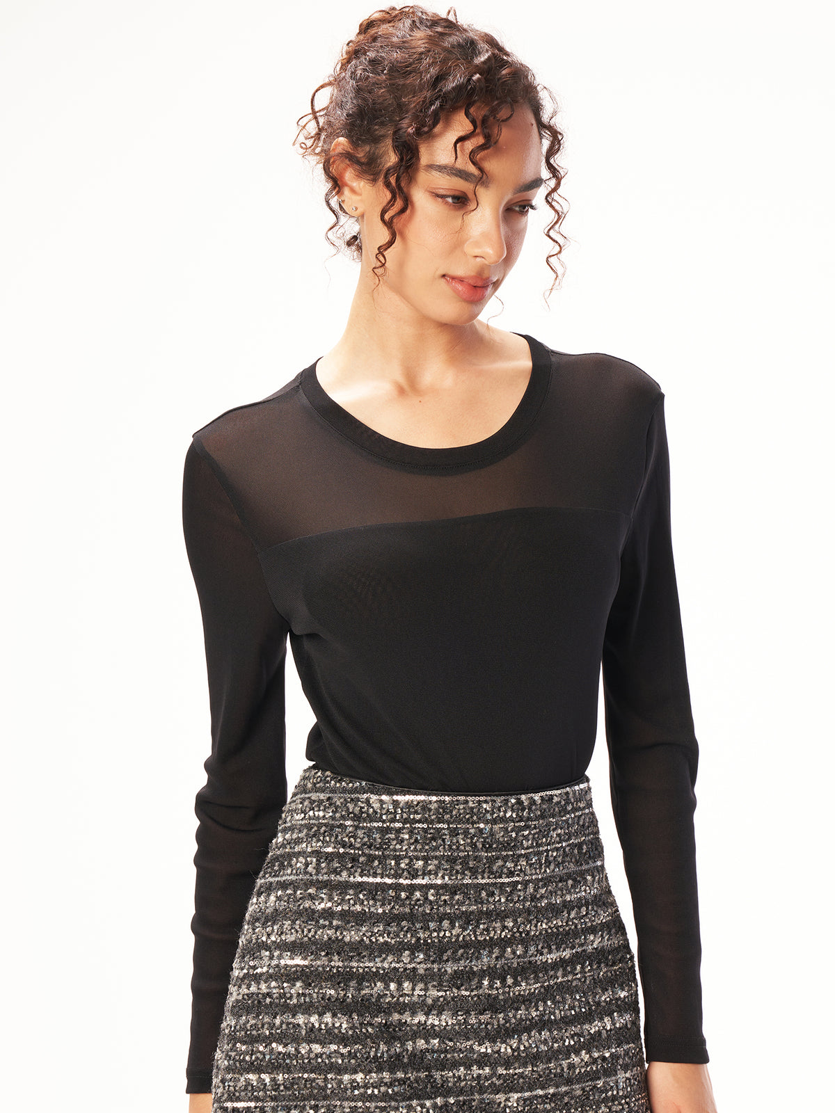 Sheer Panel Scoop Neck Long Sleeve Top - Black